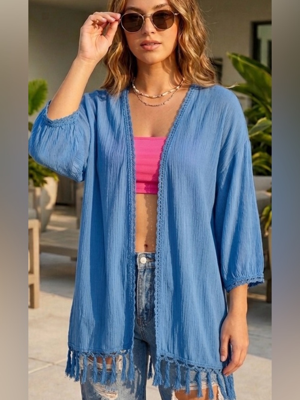 Beautiful color of blue in a Crochet bohemian Kimono